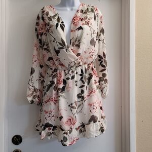 J for justify floral v neck faux wrap top, cinch waist, flowy skirt